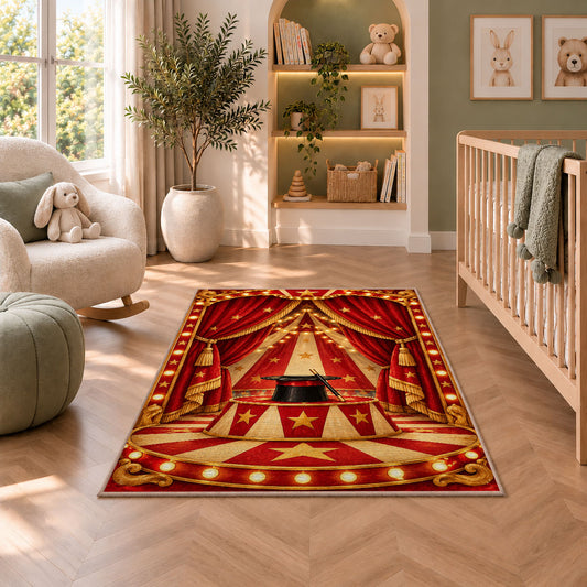 Circus Stage Rug in a nursery with a crib and armchair