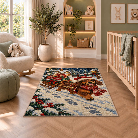 Santa Dachshund Rug in a nursery with a crib and armchair
