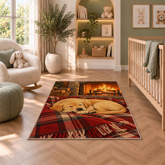 Lab Puppy by the Fireplace rug in a nursery with a crib and armchair