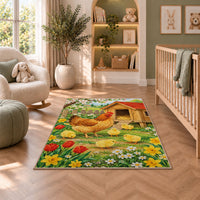 Spring Chicken Coop rug in a nursery with a crib and armchair