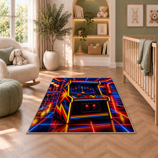 Retro Arcade Cabinet rug in a nursery with a crib and armchair