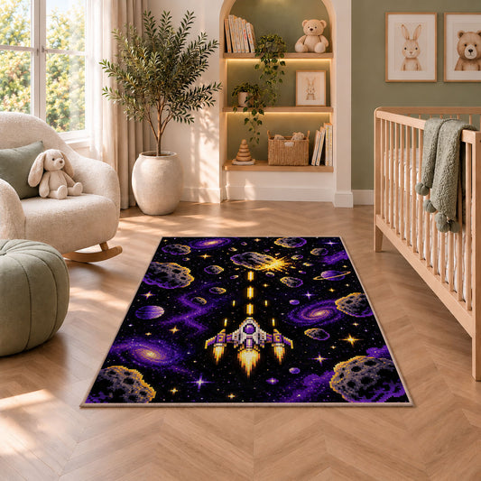 Pixel Space Shooter rug in a nursery with a crib and armchair