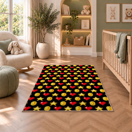 Pixel Hearts and Coins rug in a nursery with a crib and armchair