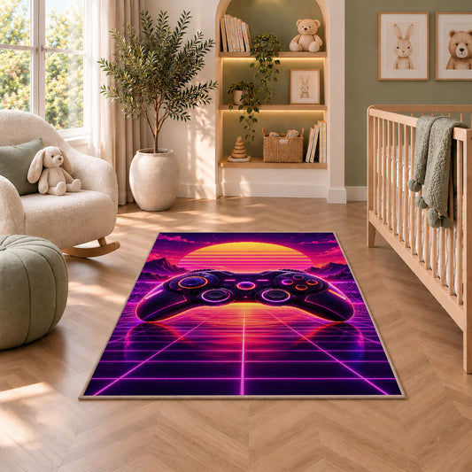 Synthwave Controller rug in a nursery with a crib and armchair