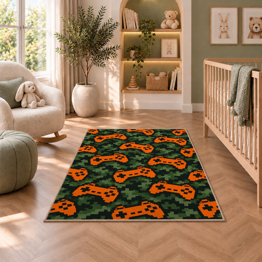 Pixel Camo Controllers rug in a nursery with a crib and armchair