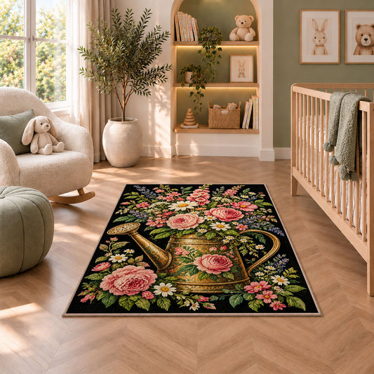 Watering Can Floral Rug in a nursery with a crib and armchair