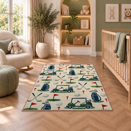 Golf icons pattern rug in a nursery with a crib and armchair