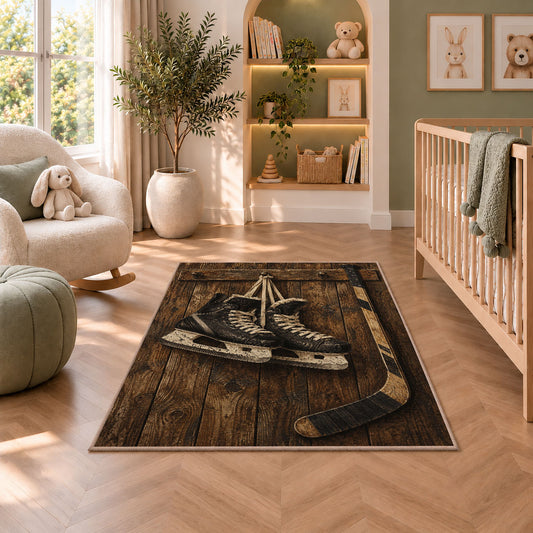 Hockey Skates on Barn Wood rug in a nursery with a crib and armchair