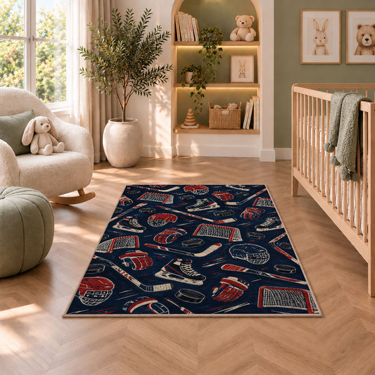 Hockey Gear Pattern rug in a nursery with a crib and armchair