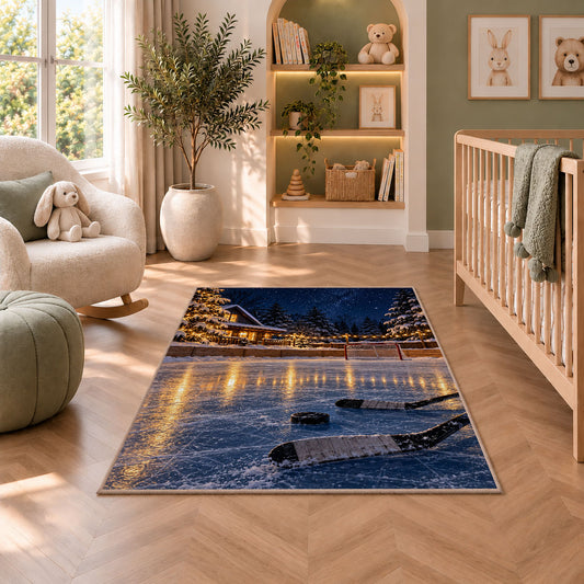 Backyard Rink at Night rug in a nursery with a crib and armchair