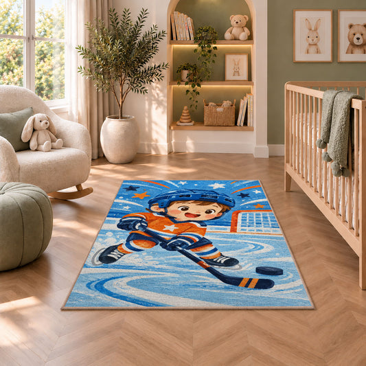 Little Hockey Star rug in a nursery with a crib and armchair