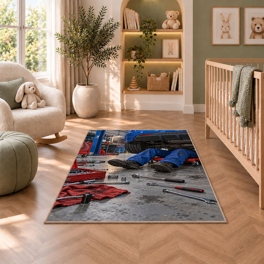Mechanic working under a car rug in a nursery with a crib and armchair