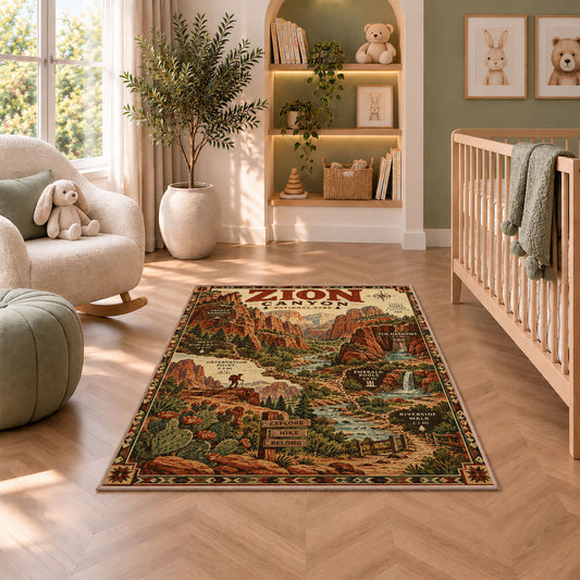 Zion Canyon trail map poster rug in a nursery seating area