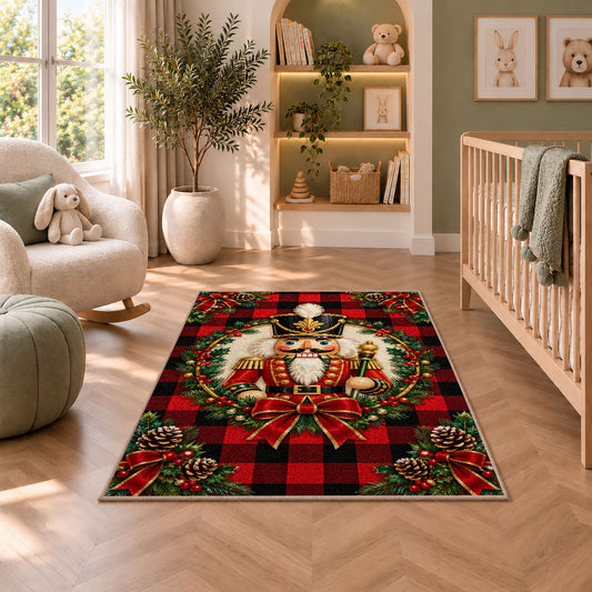 Buffalo Plaid Nutcracker Rug in a nursery with a crib and armchair