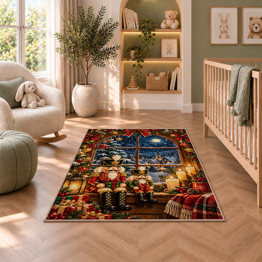 Nutcracker Window Christmas Rug in a nursery with a crib and armchair