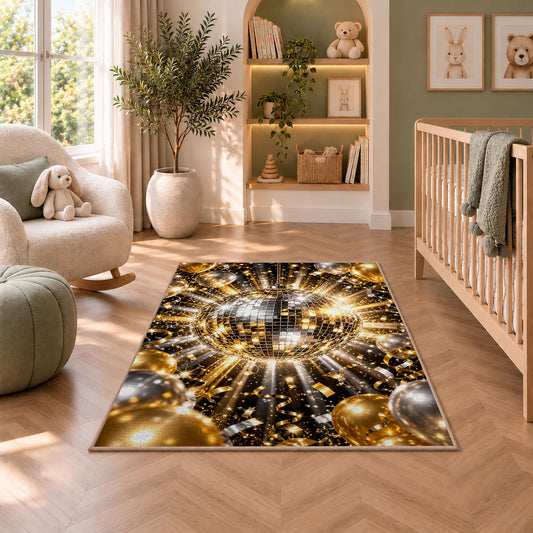 Disco ball and balloons rug in a nursery with a crib and armchair