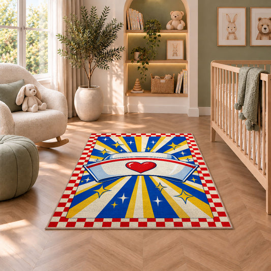 Retro Nurse Cap Sunburst Rug in a nursery with a crib and armchair