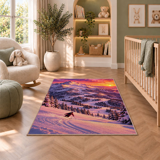 Sunset ski slope rug in a nursery with a crib and armchair