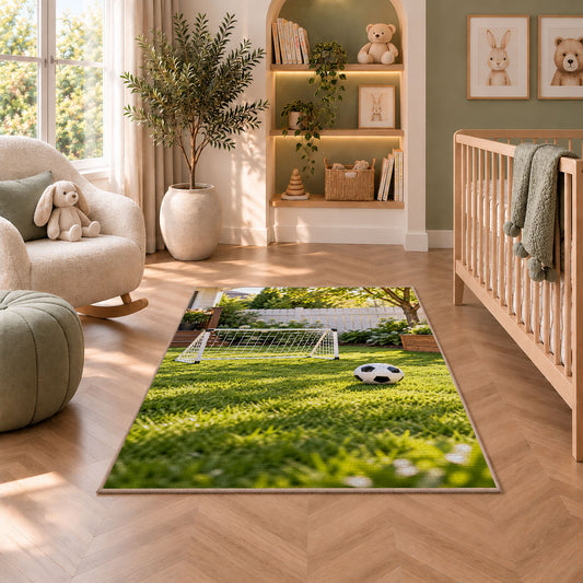 backyard soccer goal rug in a nursery with a crib and armchair