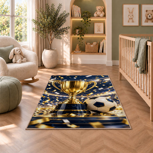 gold trophy and soccer ball rug in a nursery with a crib and armchair