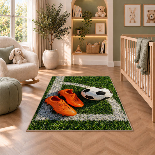 orange soccer cleats and ball rug in a nursery with a crib and armchair