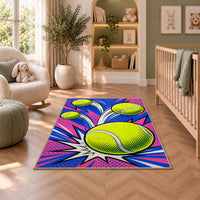Pop Art Tennis Ball Rug in a nursery with a crib and armchair