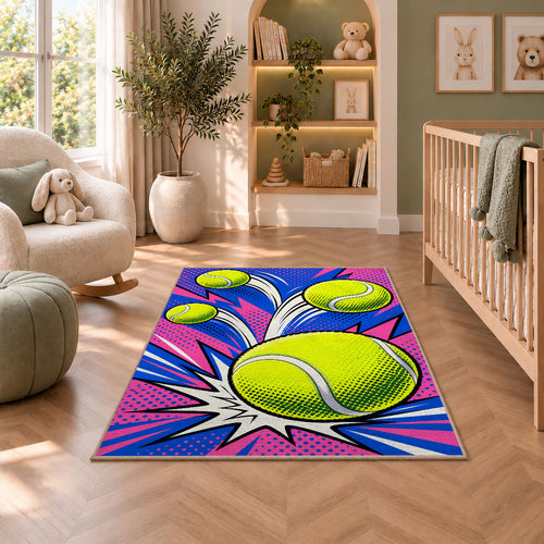 Pop Art Tennis Ball Rug in a nursery with a crib and armchair