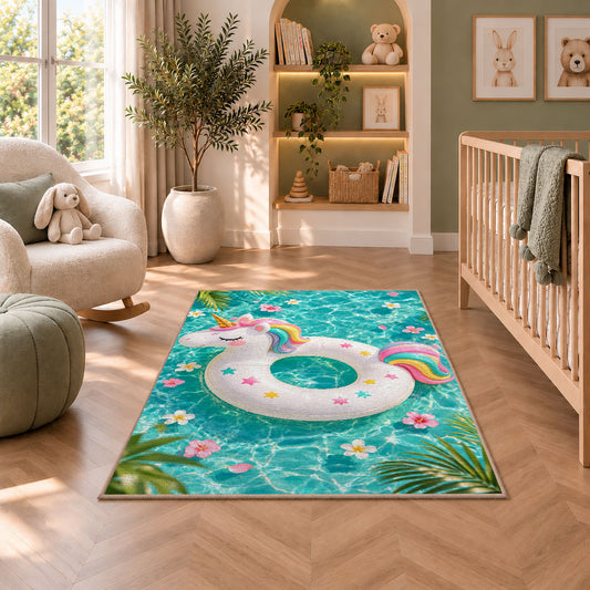 unicorn pool float rug in a nursery with a crib and armchair
