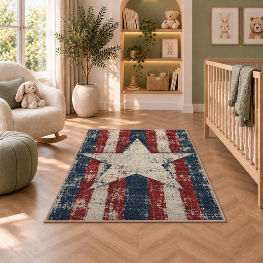 Distressed Americana Star rug in a nursery with a crib and armchair