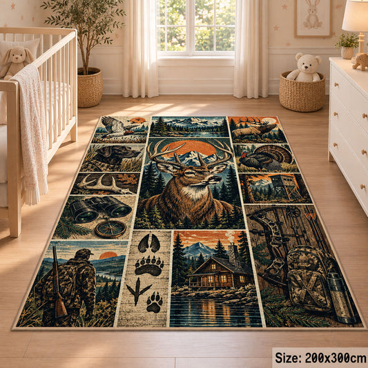 Deer Hunting Adventure Collage area rug in muted blue, tan and forest green, view 3