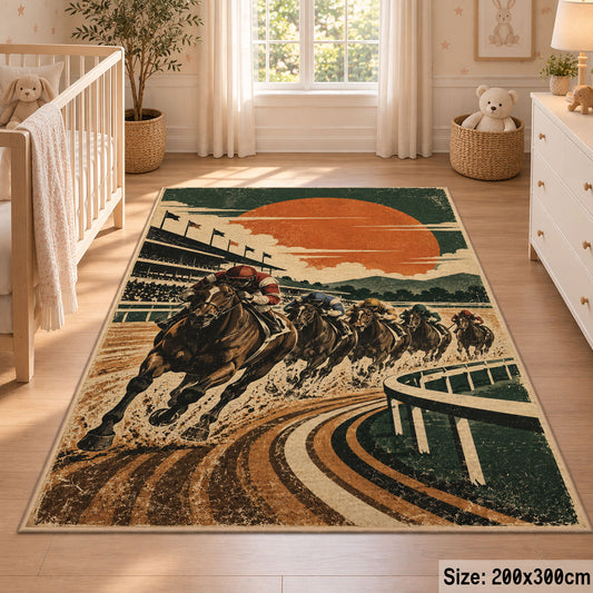 Racehorse on a Sunset Track area rug in sunset orange, cream and forest green, view 3