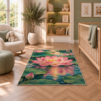 pink lotus flower rug in a nursery with a crib and armchair