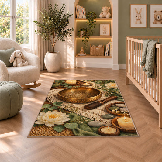 singing bowl meditation rug in a nursery with a crib and armchair