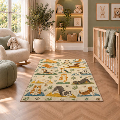 dogs doing yoga rug in a nursery with a crib and armchair