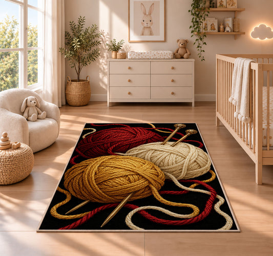 Yarn on Black Rug in a nursery beside a crib and dresser