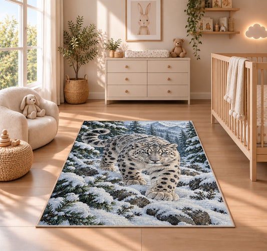 Snow Leopard in Pine Forest Rug in a nursery beside a crib and dresser