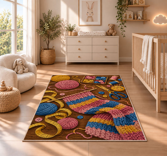 Craft Table Top View Rug in a nursery beside a crib and dresser