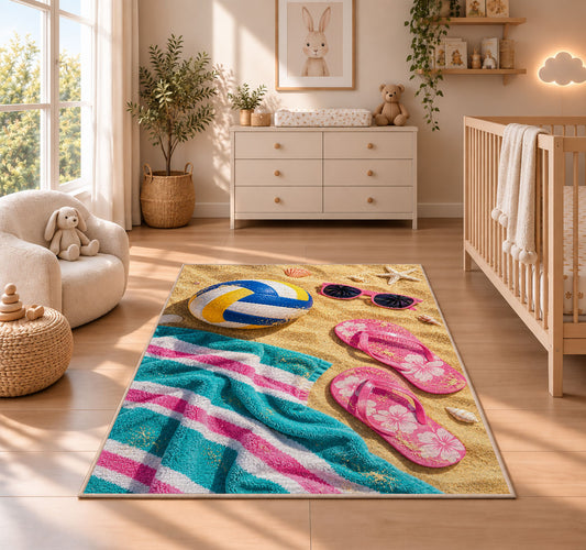 Beach Day Volleyball Rug in a nursery beside a crib and dresser