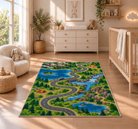 Motorcycle Road Trip Map Rug in a nursery beside a crib and dresser