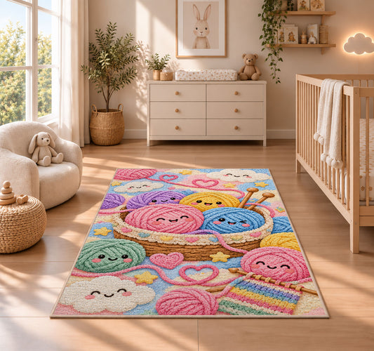 Happy Yarn Balls Nursery Rug in a nursery beside a crib and dresser