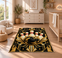 Art Deco Bowling Rug in a nursery beside a crib and dresser