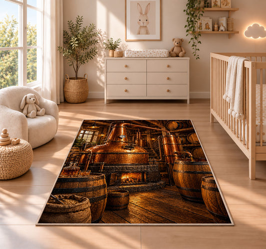 Copper Still Distillery Rug in a nursery beside a crib and dresser