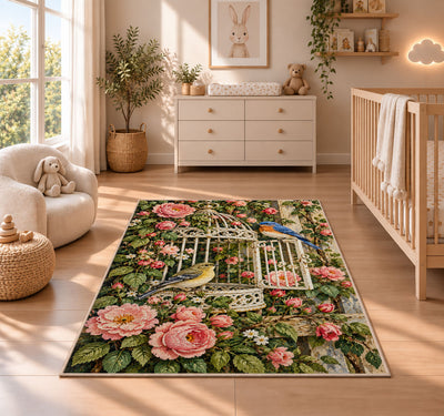 Vintage Birdcage and Roses Rug in a nursery beside a crib and dresser
