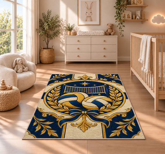 Classic Volleyball Crest Rug in a nursery beside a crib and dresser