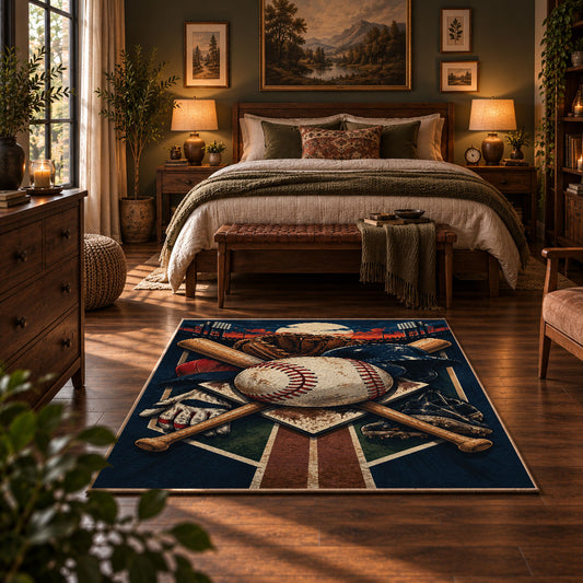 crossed baseball bats and diamond field area rug displayed in a bedroom