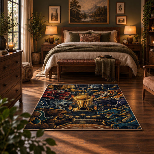 Golden Basketball Trophy Rug displayed in a bedroom corner