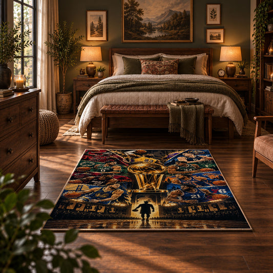 Futuristic Basketball Arena Rug displayed in a bedroom corner