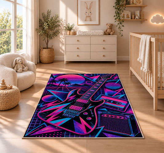 synthwave guitar rug in a nursery beside a crib and dresser