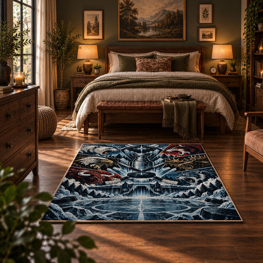 Frozen Mountain Hockey Goal Rug displayed in a bedroom corner