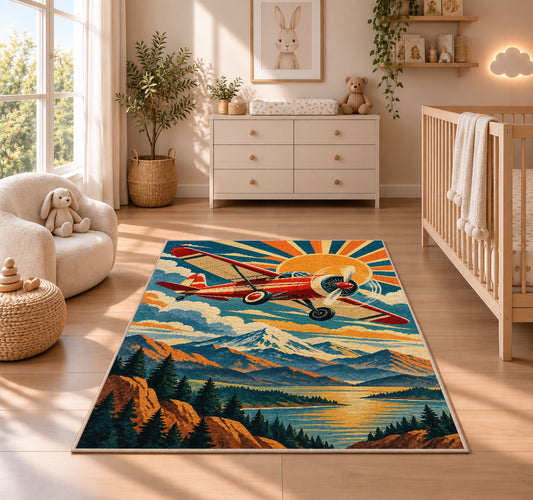 Retro Aviation Poster Rug in a nursery beside a crib and dresser